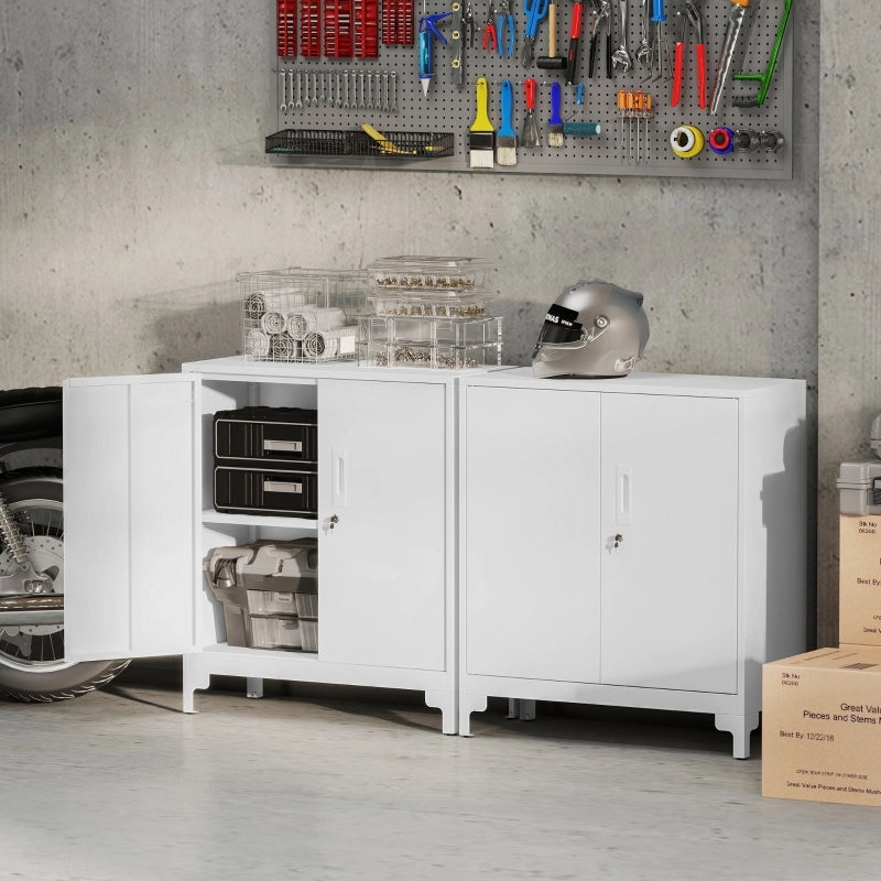 Mobile da ufficio in metallo, ante con serratura, cassettiera da ufficio, design a 2 ripiani, bianco
