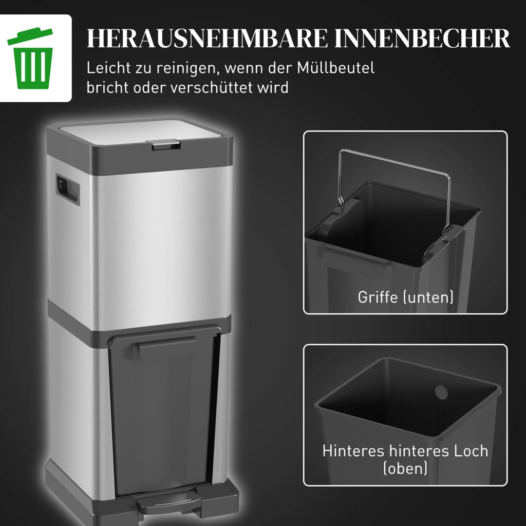 Cestino per rifiuti 20+14L con pedale e coperchio ¨C Minimal ¨C Acciaio inox 32,5x31,5x78cm Argento