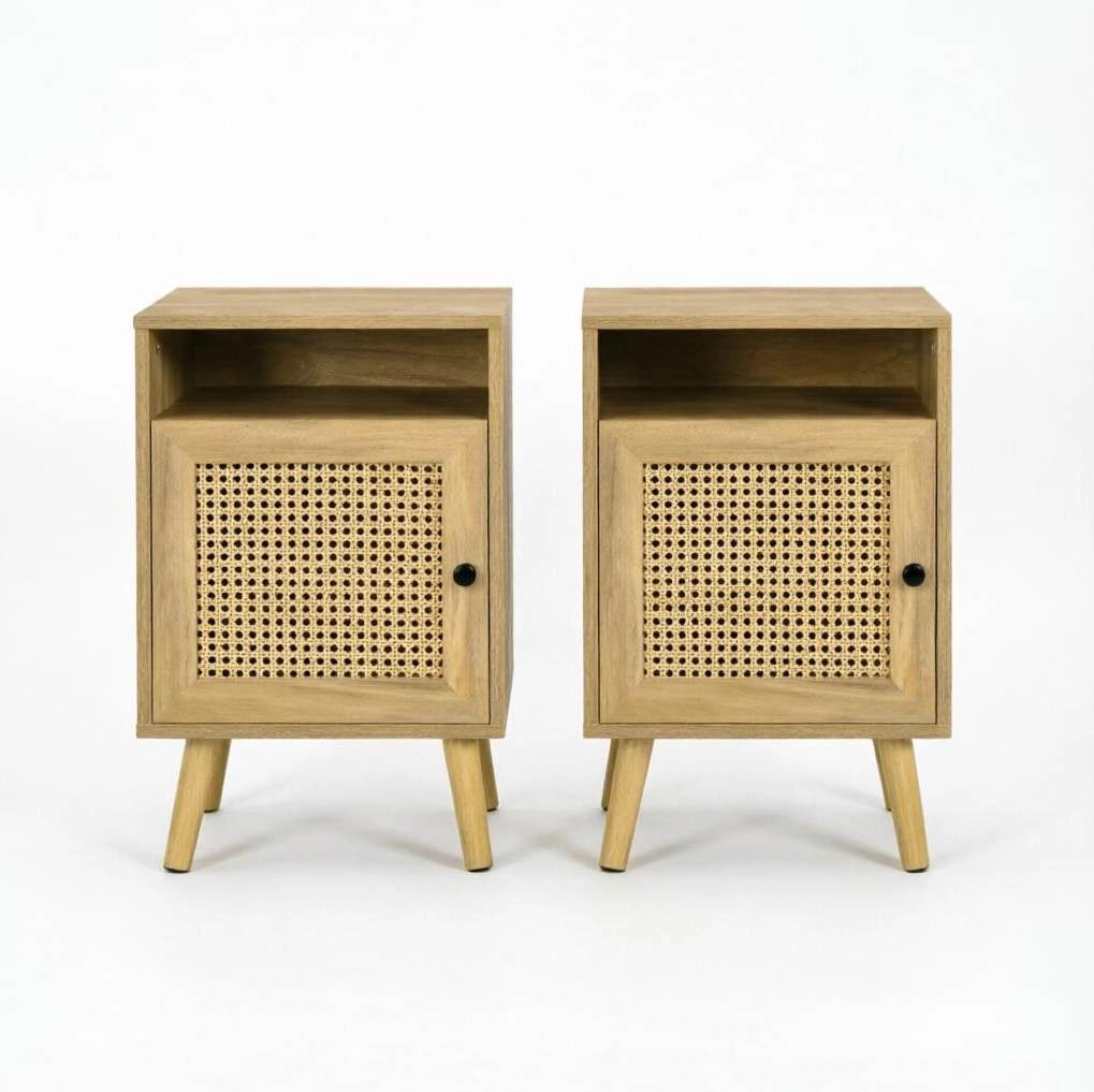 Set di 2 comodini compatti in legno e rattan naturale 39x35x60 cm per camera da letto