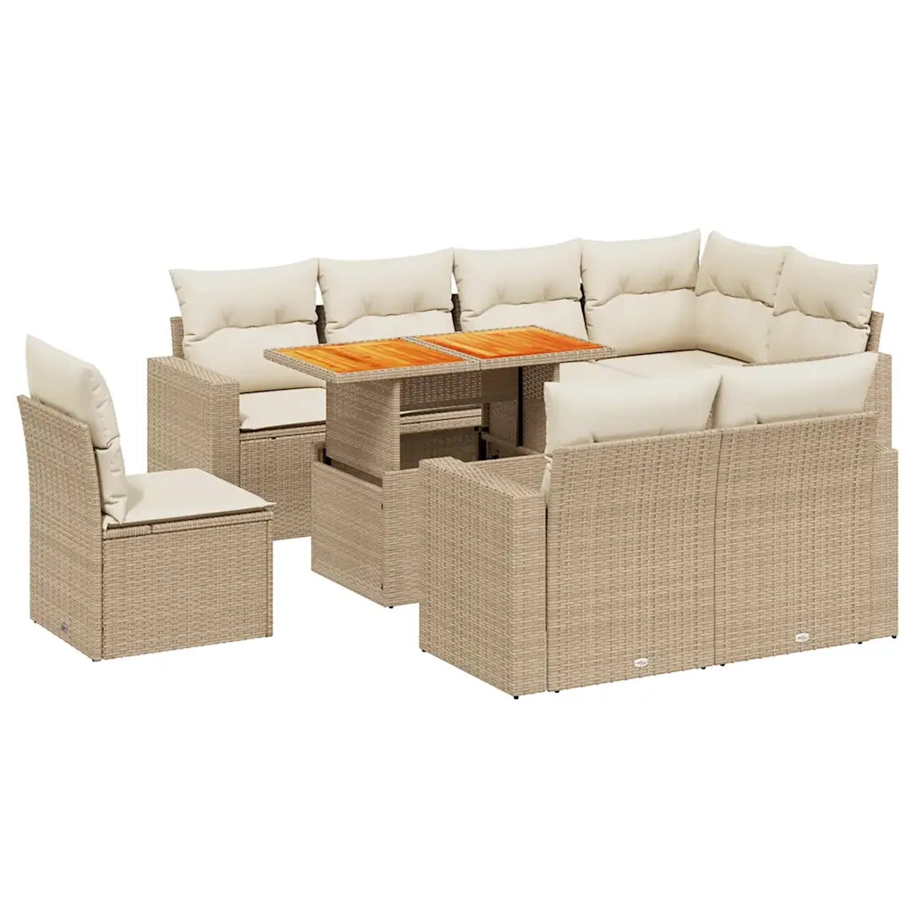 Set Divano da Giardino 9 pz con Cuscini Beige in Polyrattan