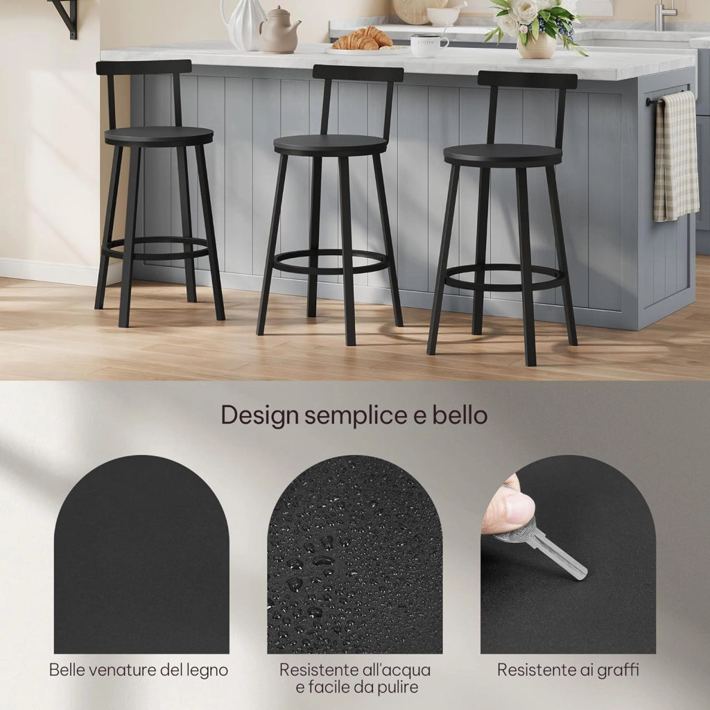 Sgabelli Cucina Set di 4, Sgabelli da Bar per Colazione, con Poggiapiedi e Schienale, Struttura in Metallo, Nero