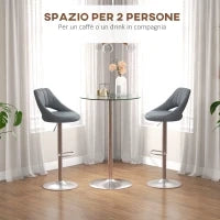 Tavolo Alto da Bar Moderno Rotondo con Base in Acciaio e Piano in Vetro, Ø70x102cm, Trasparente