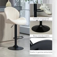 Set 2 Sgabelli da Bar a Conchiglia con Poggiapiedi, in Tessuto Effetto Ciniglia, 48x50x94-115 cm, Nero e Beige
