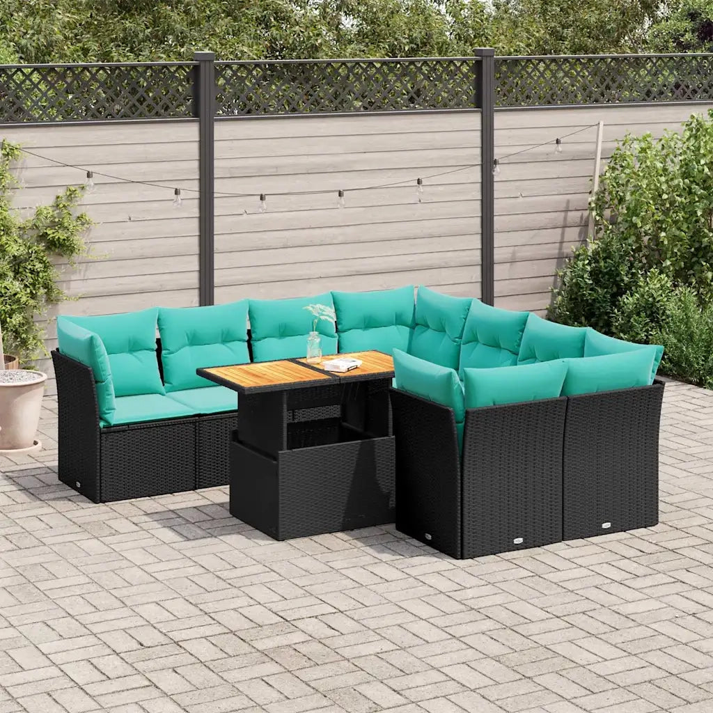 Set Divani da Giardino 9 pz con Cuscini Nero in Polyrattan