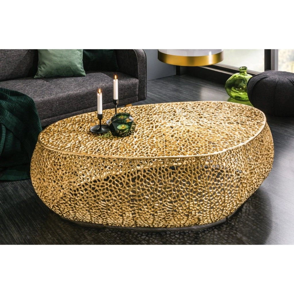 Tavolino da salotto design METRIX 122x69 cm – Alluminio dorato con motivi arrotondati