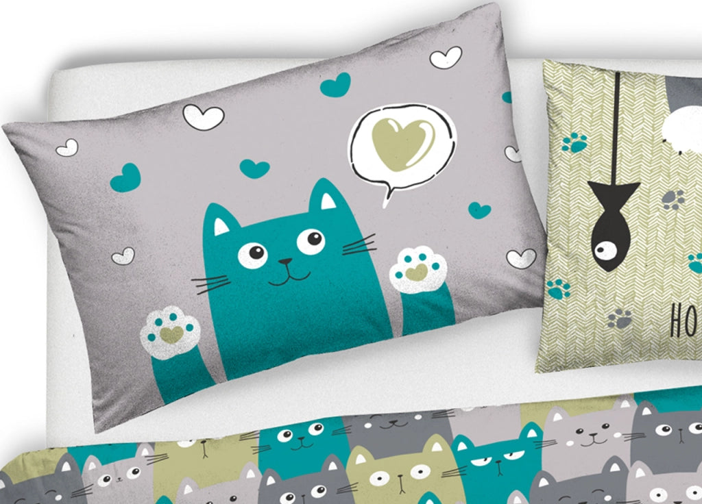 Copripiumino Sacco Piumone Pensieri Delicati Cotone Disegno Happy Cat - Matrimoniale - Verde