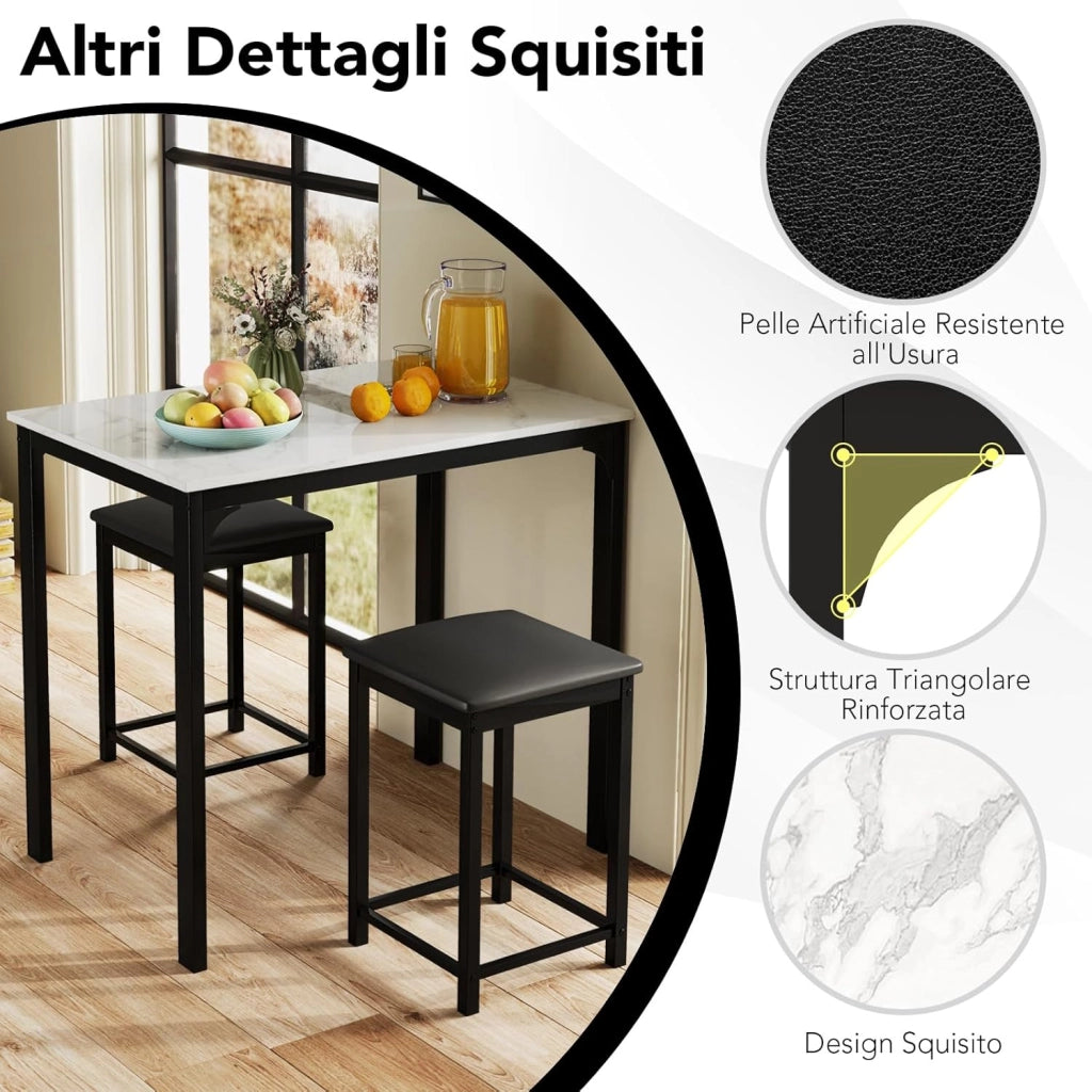 Tavolo Cucina con 2 Sgabelli, Tavolo Alto con 2 Sgabelli Senza Schienale in Similpelle da Cucina, Sala da Pranzo e Soggiorno, Tavolo Bar con Sgabelli Moderno per Spazi Piccoli (Bianco)
