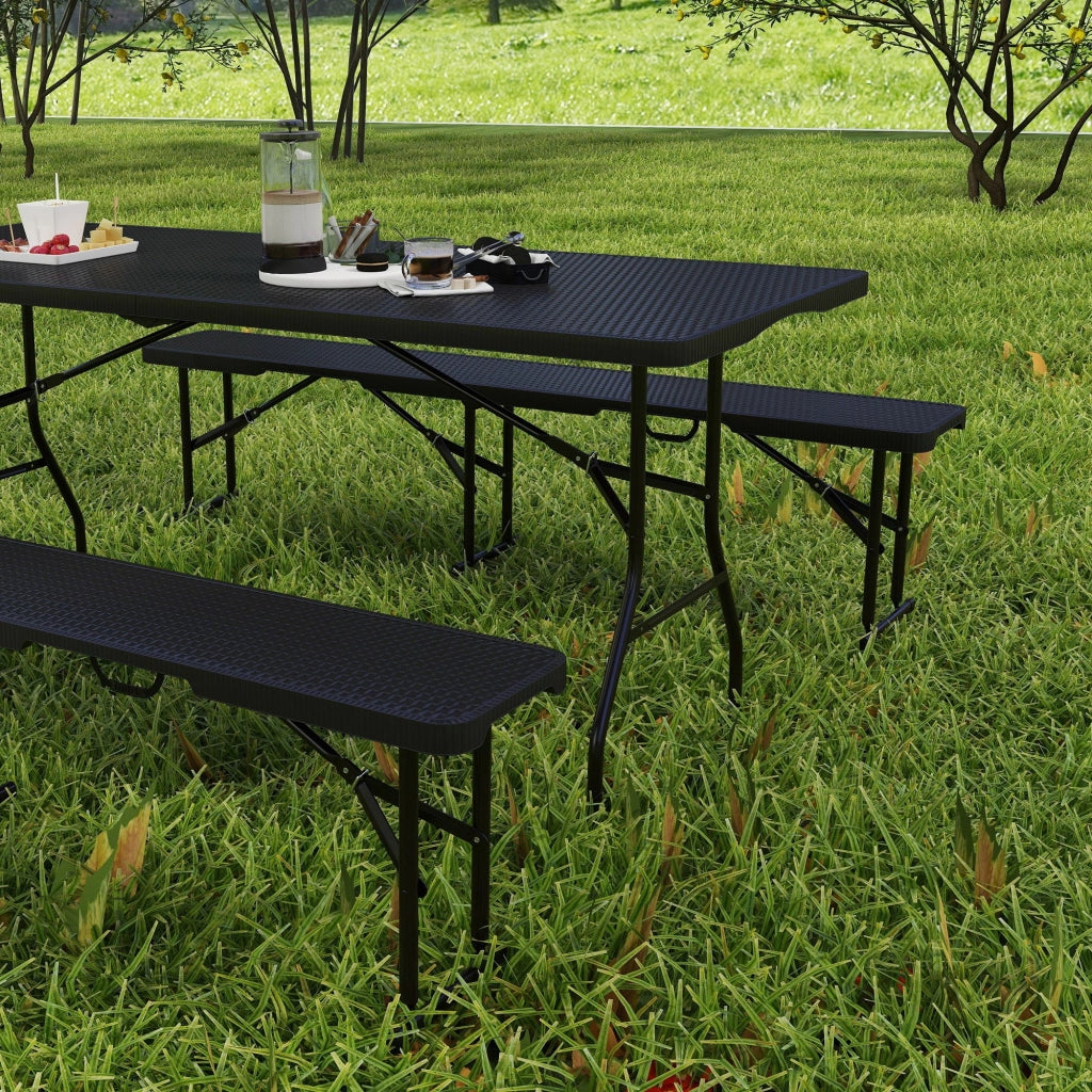 Set da Pic Nic Pieghevole a 3 Pezzi con Tavolo e 2 Panche in HDPE e Metallo Nero