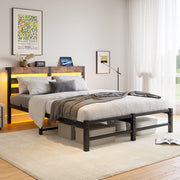 Letto per adulti 140 × 190 cm con LED RGB, 2 porte USB, senza materasso, in metallo e legno, nero marrone