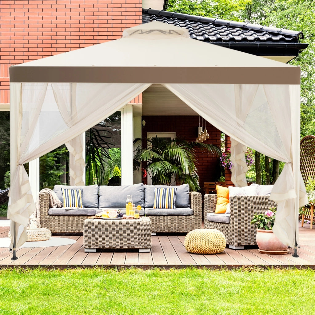 Gazebo a doppio tetto con zanzariera 3x3M da esterno e campeggio Beige-Gazebo