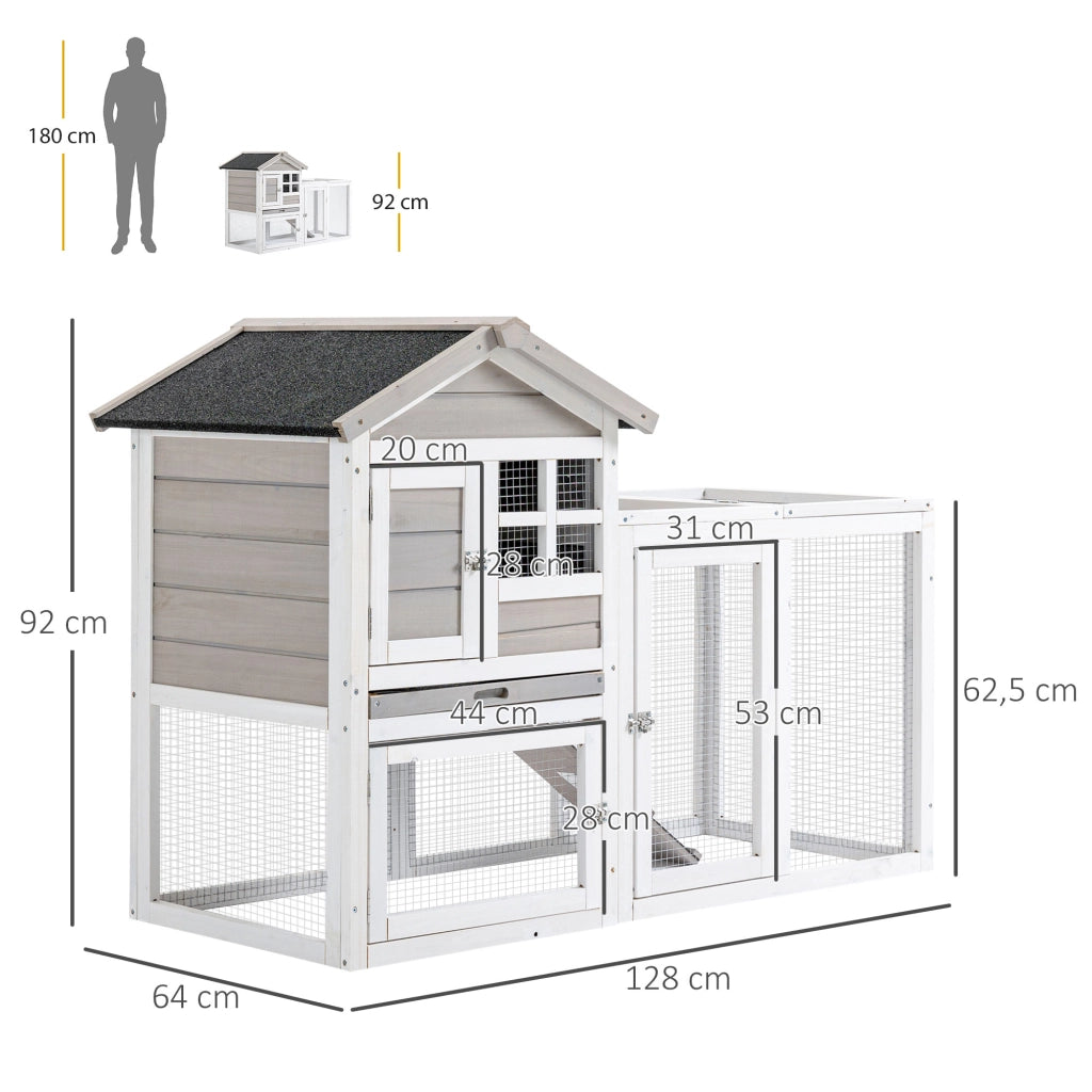 Casetta per conigli con recinto esterno ¨C zephmum ¨C 128x64x92 cm in legno di pino grigio