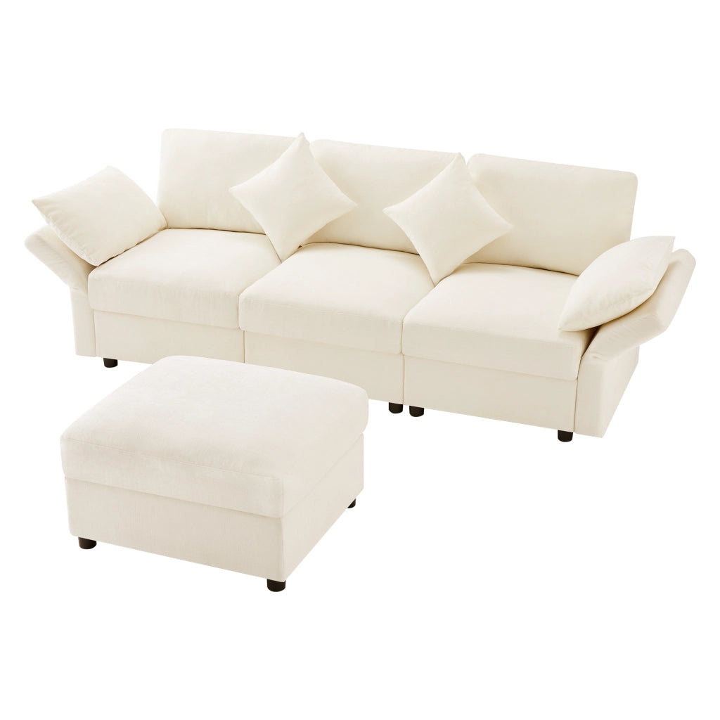 Divano ad angolo modulare con pouf, braccioli regolabili e 4 cuscini in ciniglia beige 218 × 156.5 × 86 cm