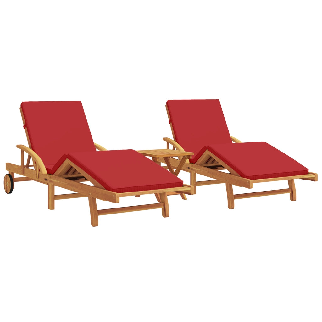Lettini prendisole 2 pcs con cuscini e tavolo Rosso Legno solido di acacia