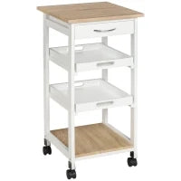 Carrello da Cucina con Ruote, 2 Ripiani Rimovibili, Cassetto, Scaffale, in Legno di Pino, Bianco