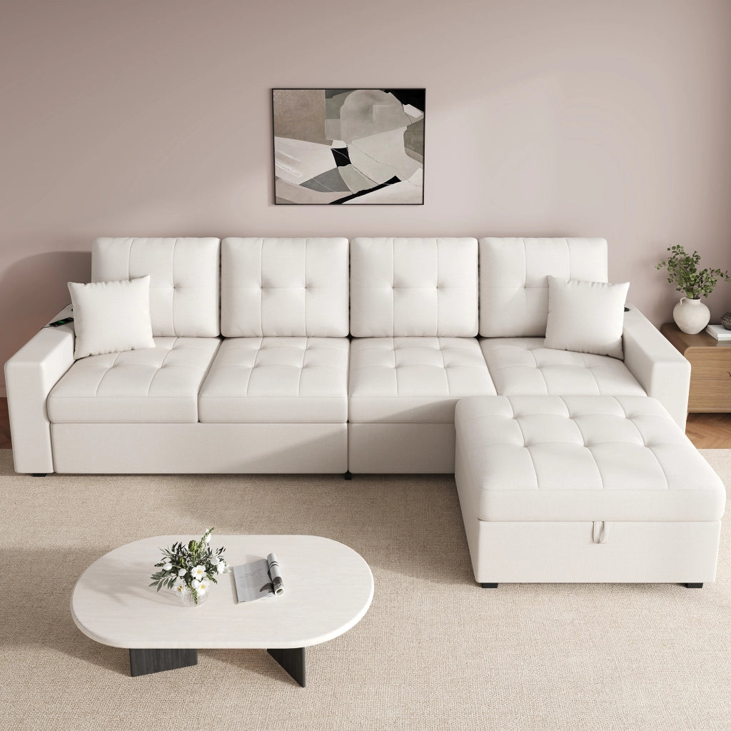 DIVANO angolare modulare 253 cm beige con pouf contenitore e USB Type-C