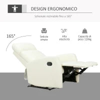 Poltrona Relax Reclinabile 165° con Poggiapiedi Regolabile Ergonomica in pelle PU, 65 × 92 × 100cm Crema