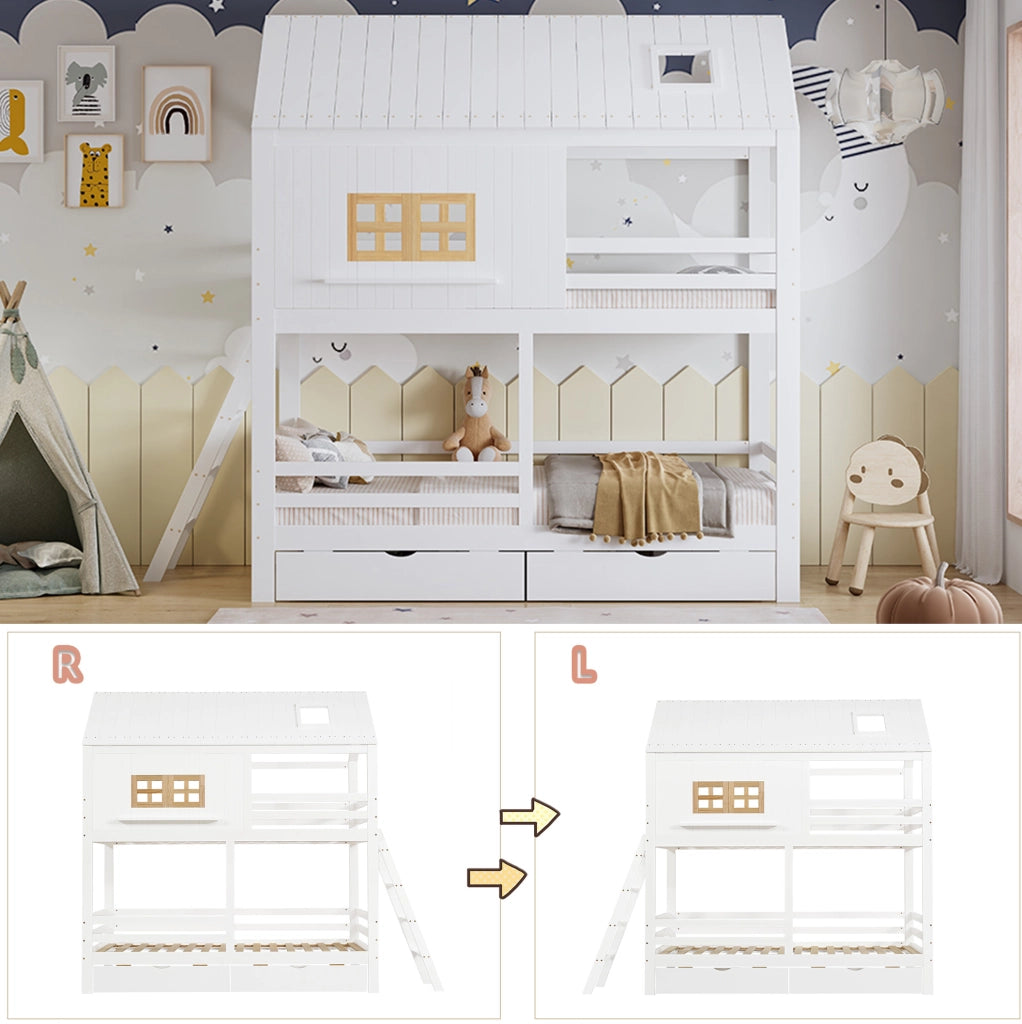 Letto a castello per bambini con finestre, tetto e due cassetti, 90 x 200 cm
