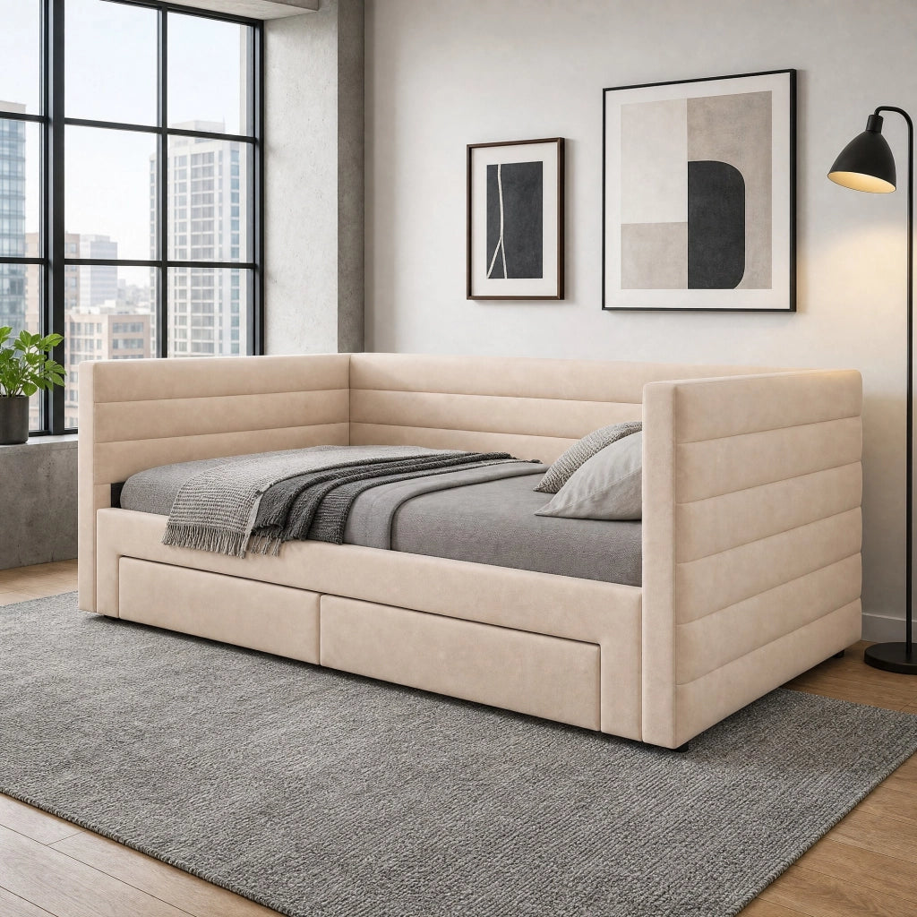 Letto imbottito multifunzionale 3 in 1 90x190 cm con 2 cassetti; beige