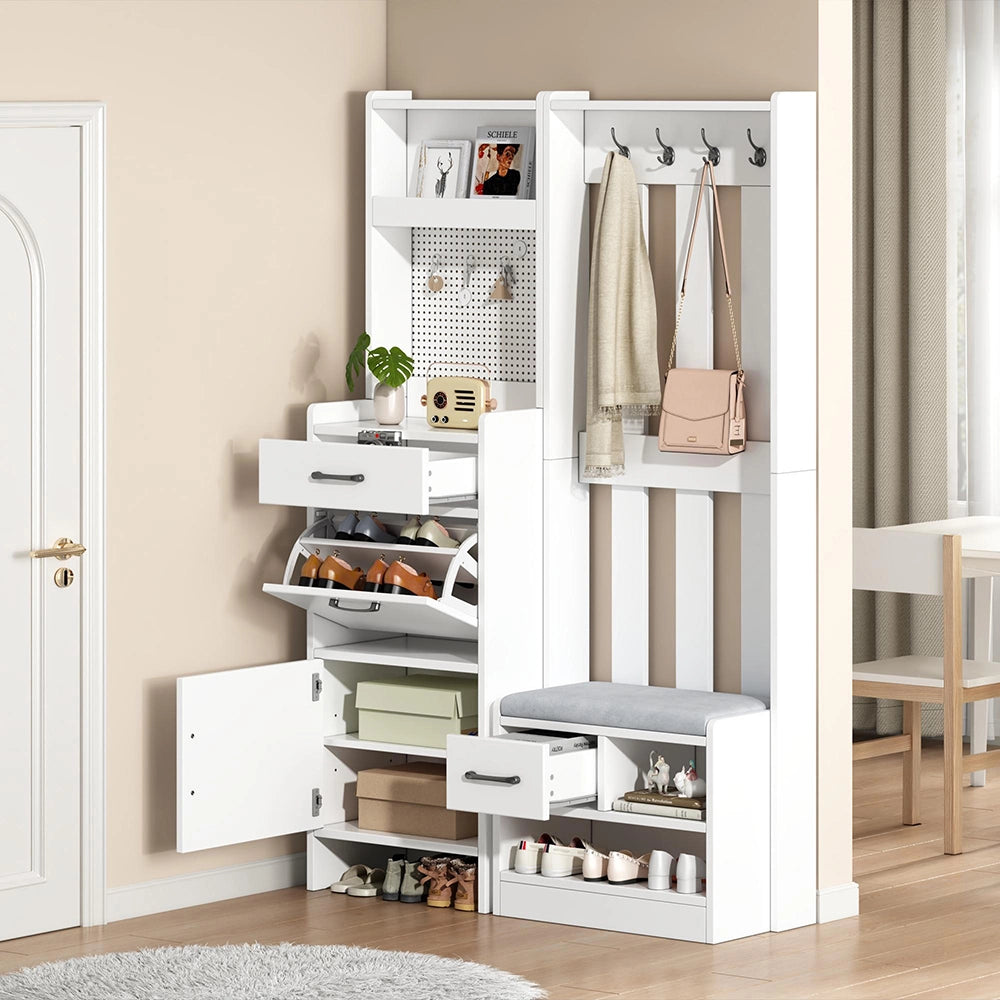 Appendiabiti 7 in 1 con panchina - Xylo - 7 ganci, pannello forato, 2 cassetti, bianco, 110x35x175.5 cm