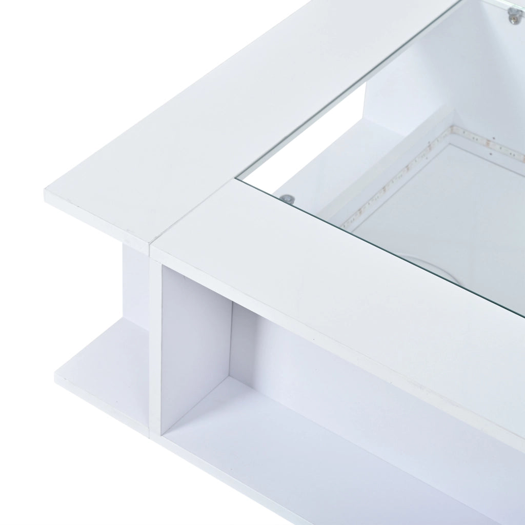 Tavolino da caffè 70x70x30 cm con illuminazione LED; piano in vetro e finitura lucida; truciolare bianco