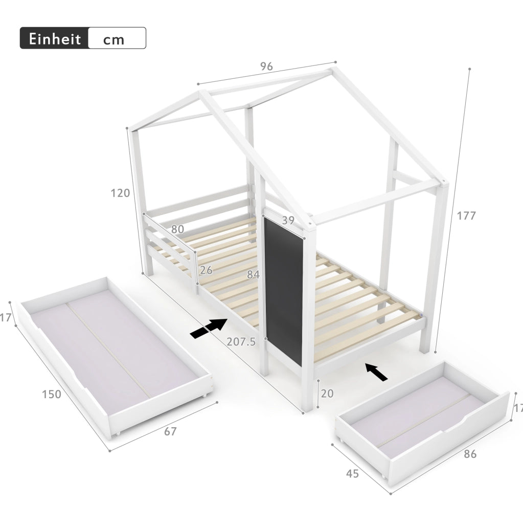 Letto a casetta 90x200 cm con lavagna e 2 cassetti; bianco
