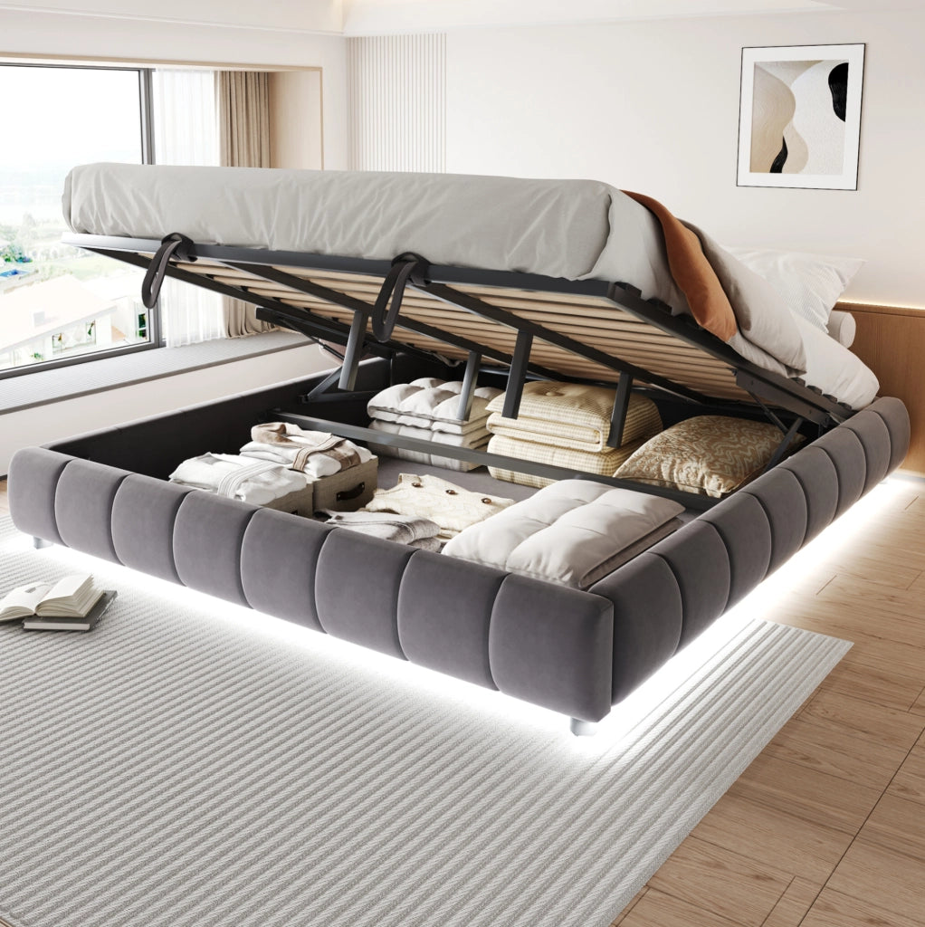 Letto imbottito 180x200 cm con contenitore; LED; senza testiera in flanella grigio