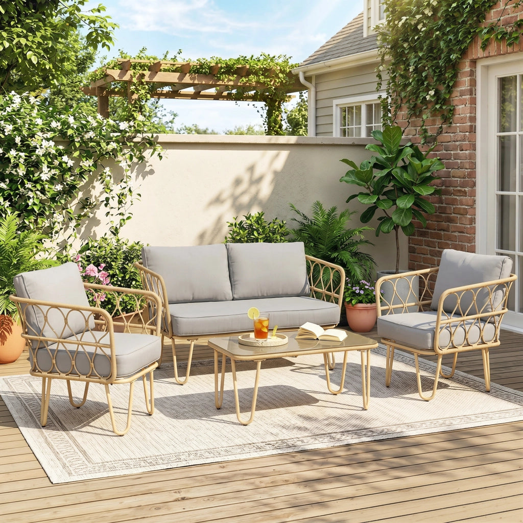 Salotto da Giardino in Rattan Stile Boho con Divano 2 Posti, 2 Poltrone e Tavolino con Vetro