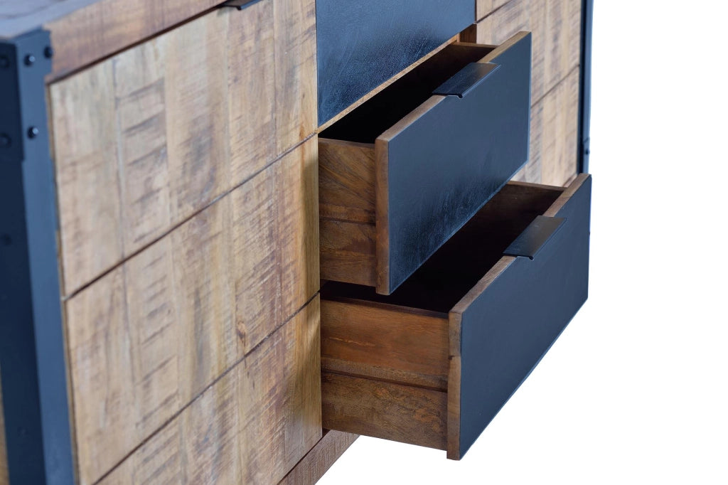 Credenza 9 cassetti in massello di mango grezzo e metallo
