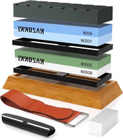 Set di Pietra di Affilatura a Doppia Faccia - 400/1000 e 3000/8000 Grit - Con Pietra di Regolazione, Guida Angolare, Base in Bambù e Strisce in Pelle - Per Affilatura e Lisciatura di Coltelli in Metallo