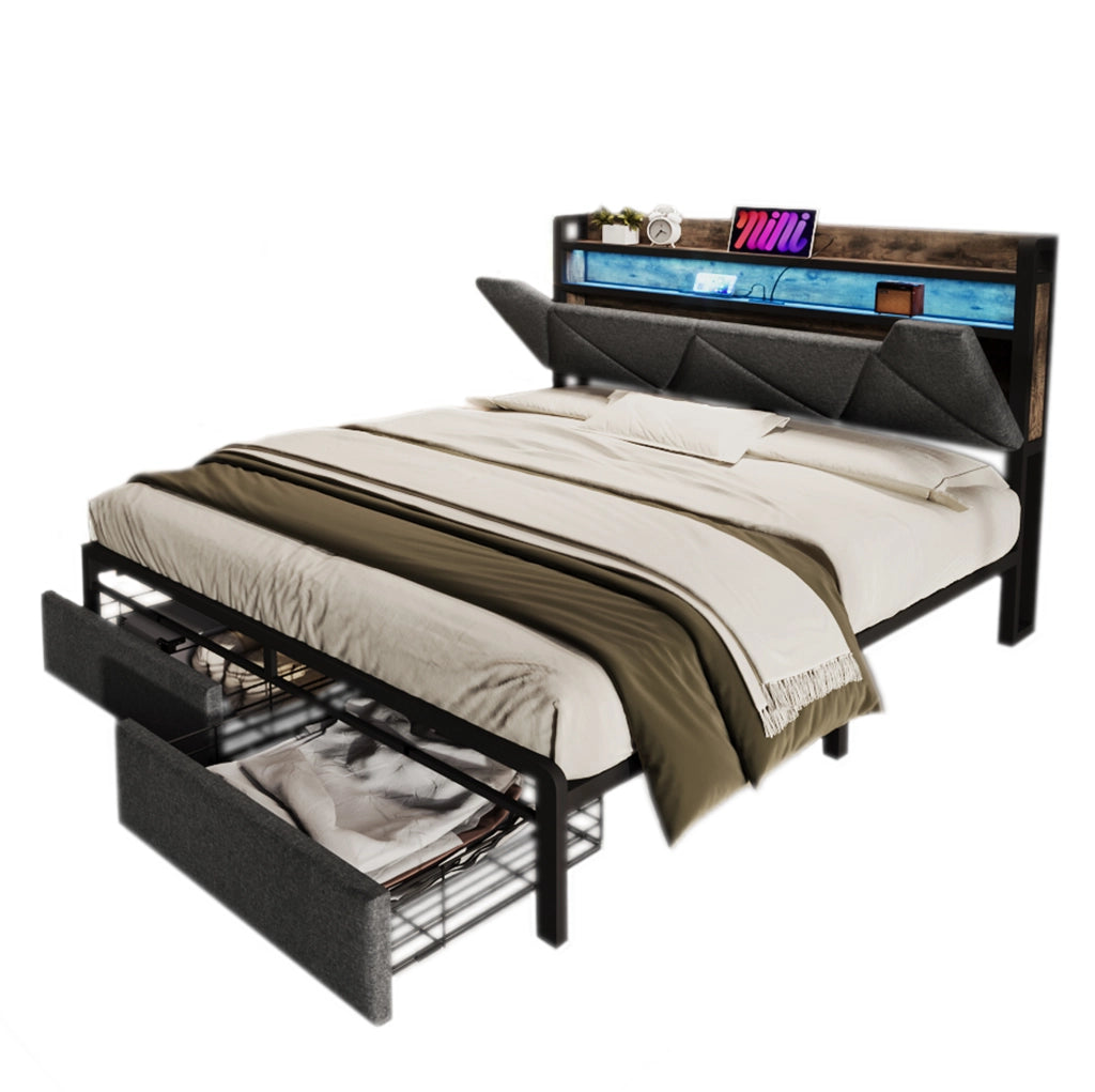 Letto matrimoniale 160x200 cm grigio in lino con testiera contenitore; LED e 2 cassetti