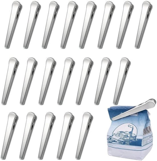 Clip di contenimento per alimenti 20 pezzi - Acciaio inossidabile - Tasche - Clip di separazione per alimenti - Accessori per la cucina - 8,2 cm - Clip per alimenti
