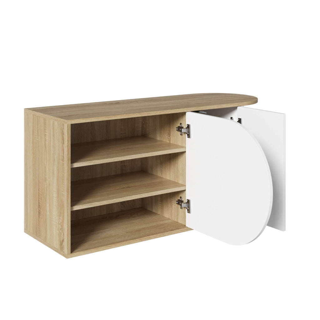 Scarpiera con seduta bianco lucido ed effetto legno 104x37x50 cm