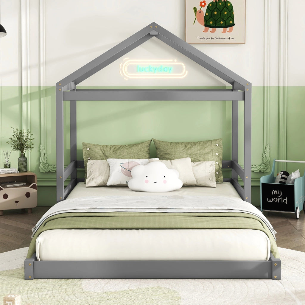 OKWISH Letto a Casetta 140×200 cm, Letto Matrimoniale con Rete a Doghe, senza Materasso, in Pino e MDF, Grigio