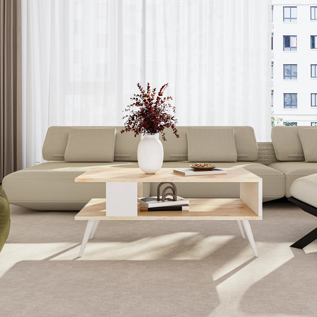 Tavolino Basso da Divano 'Lycksele' con Scomparto Semiaperto e 4 Piedini - Effetto Rovere / Bianco [en.casa]