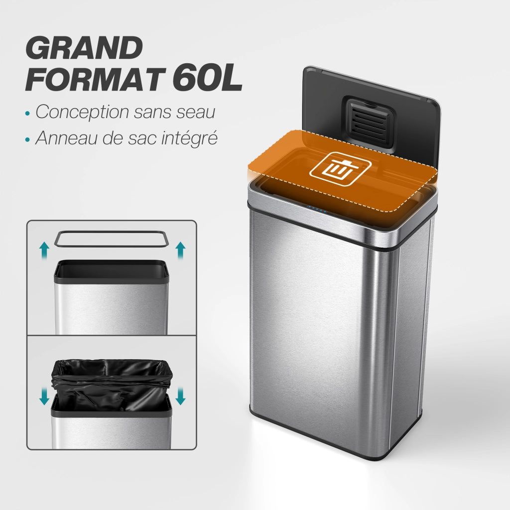 Cestino per rifiuti a sensore 60 L ¨C zephmum ¨C Acciaio inox argento