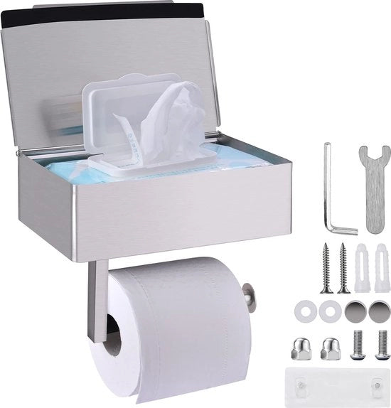 Supporto per carta igienica con box di tovaglioli umidi, supporto per carta igienica con contenitore per tovaglioli umidi, supporto per carta igienica con contenitore, supporto per carta igienica in acciaio inossidabile per toilette (argento).