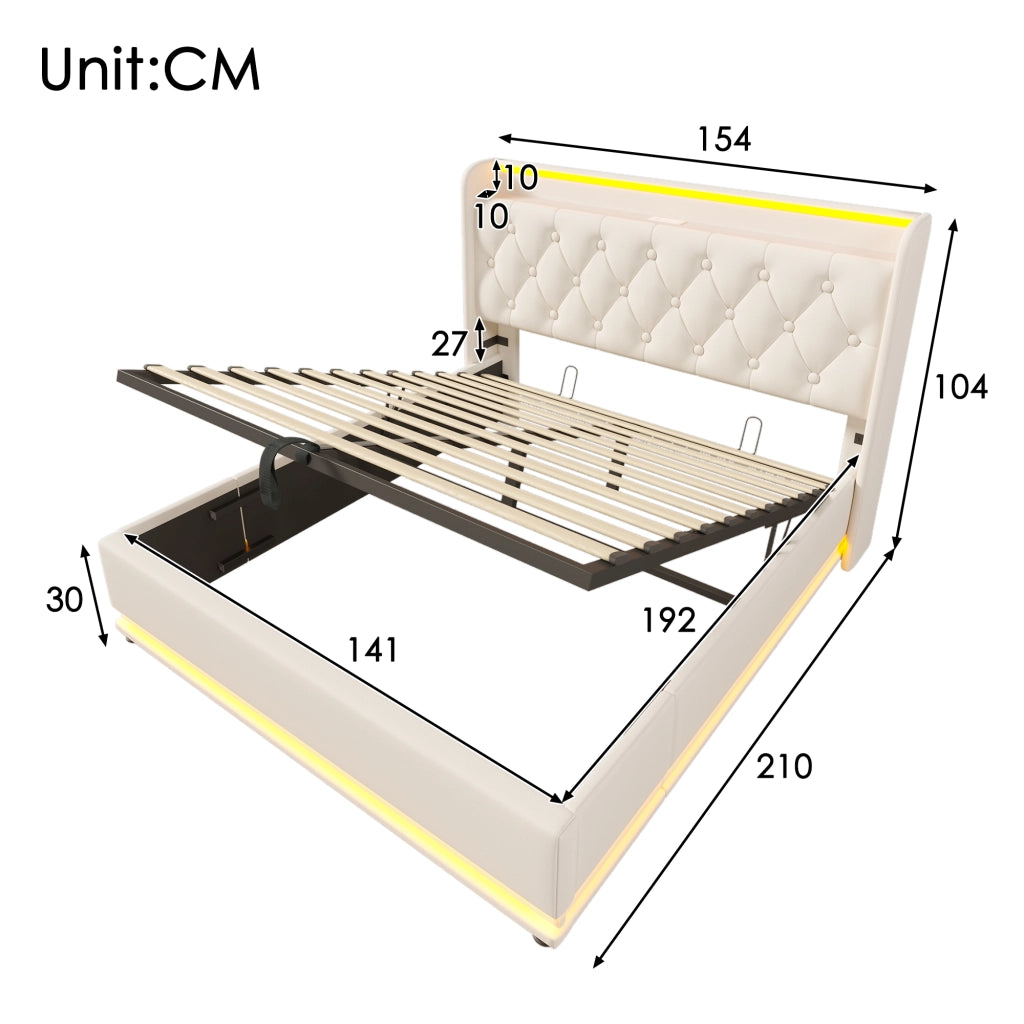 Letto imbottito idraulico con LED USB 140x190 cm colore PU bianco