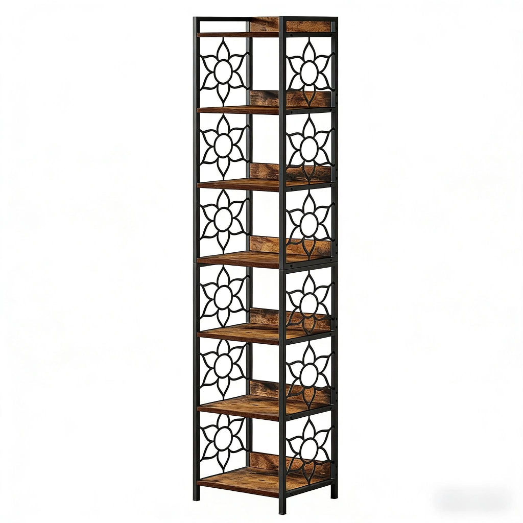 Scaffale angolare a 7 livelli in MDF e metallo, salvaspazio, effetto legno rustico