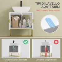 kleankin Mobile Bagno Sottolavabo con Armadietto 2 Ante in Legno e Acciaio, 60x30x65cm, Bianco e Oro