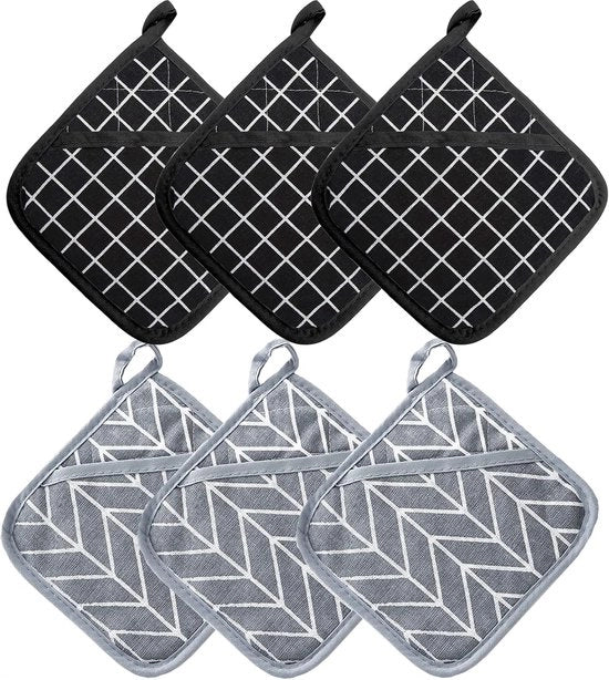 Set di 6 Asciugamani per Pannello e Piastra - Nero-Grigio - Cotone Riciclato - 18 cm x 18 cm