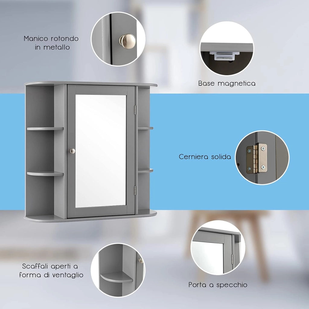 Armadietto del Bagno con Specchio, Armadietto di Legno Appeso con Mensole Regolabili, Armadietto dei Medicinali Multiuso per Bagno Salone Cucina (Grigio)