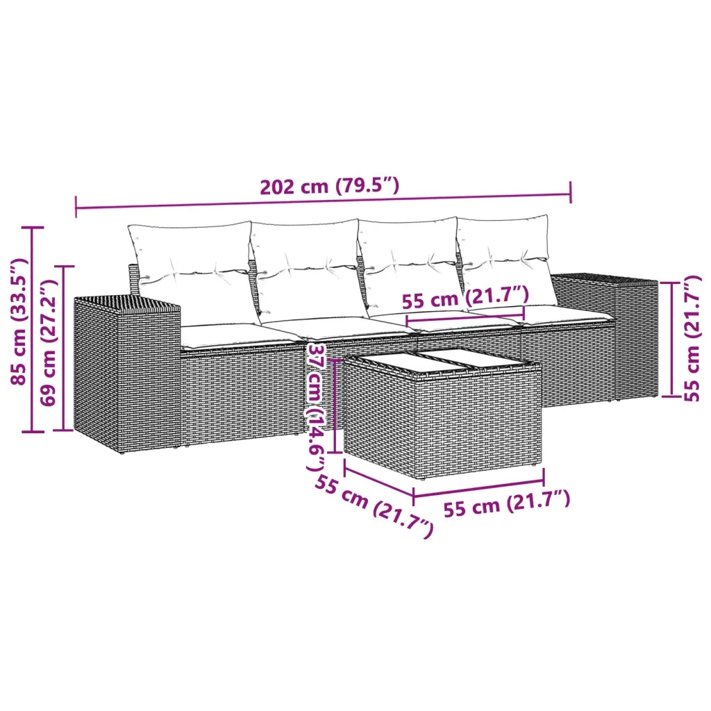 Set Divano da Giardino 5pz con Cuscini Grigio Chiaro Polyrattan