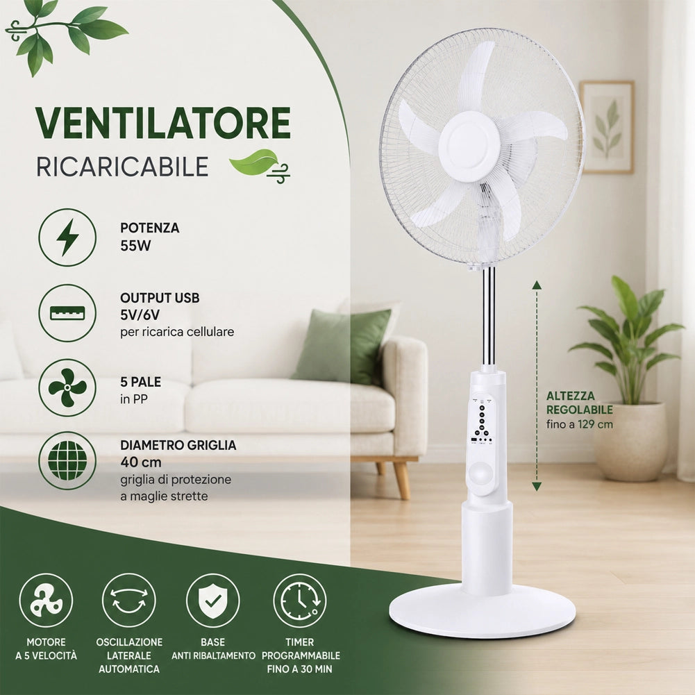 Ventilatore da Terra 105cm Ricaricabile Diametro 40cm potenza 55W e Telecomando