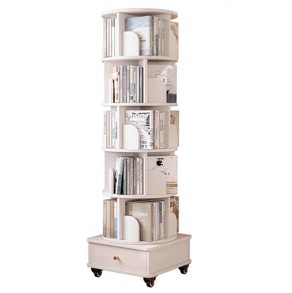 Libreria Girevole a 360° con Cassetto e Ruote, Bianca in MDF