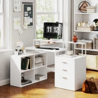 Scrivania Ufficio con 2 Tavoli, 4 Ripiani, 3 Cassetti e Supporto per Monitor, in Legno, 138.5x90x92 cm, Bianco