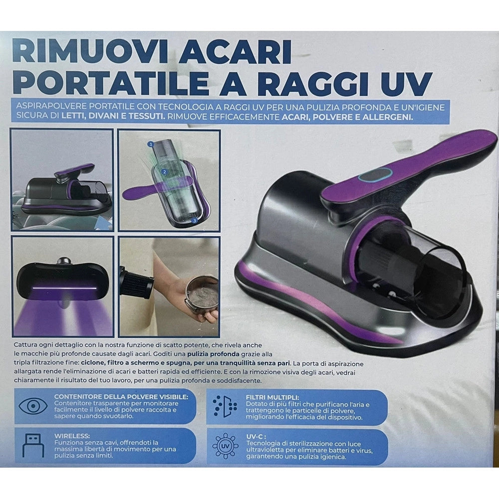 Trade Shop - Aspirapolvere Portatile A Raggi Uv Rimuovi Acari Per Pulizia Profonda Letti Divani Tessuti -