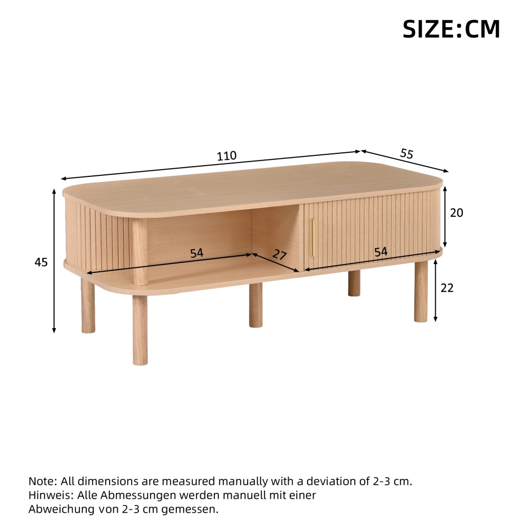 Tavolino da caffè 110×55×45 cm in MDF, design scandinavo con porta scorrevole, vani aperti e portata fino a 60 kg