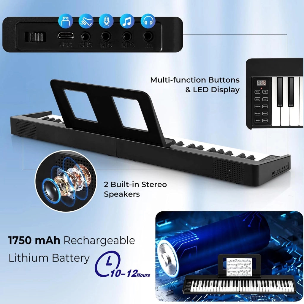 Pianoforte Digitale 61 Tasti Pieghevole con Display LED & Bluetooth, Tastiera Elettronica Multifunzionale per Principianti, Pianola Facile da Trasportare con Borsa per Pianoforte