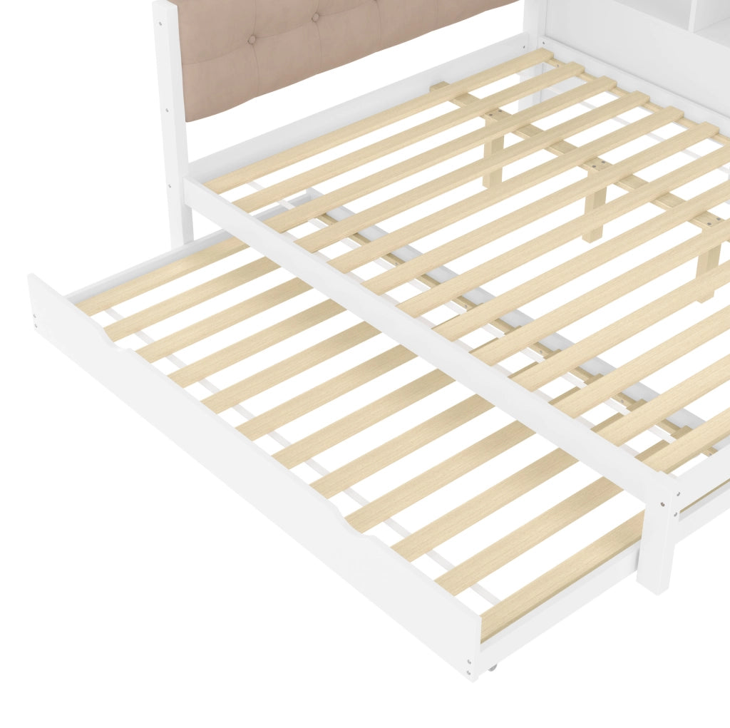 Letto estraibile 140x200 cm con LED; USB e ripiani in legno di pino e MDF bianco