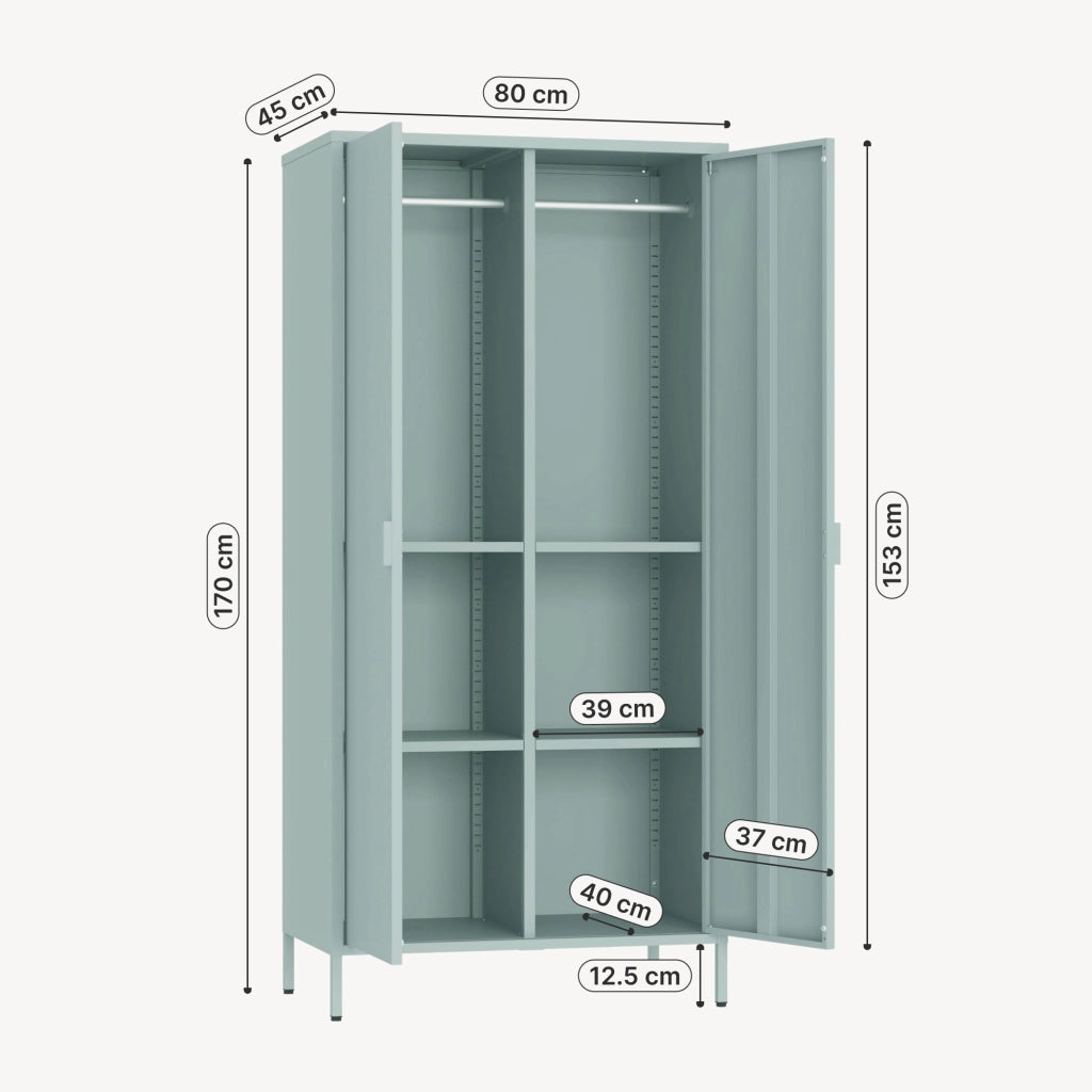 Armadio Guradaroba Esteli in Acciaio a 2 Ante con 2 Barre Appendiabiti e 4 Ripiani 170 x 80 x 45 cm - Verde Menta [en.casa]